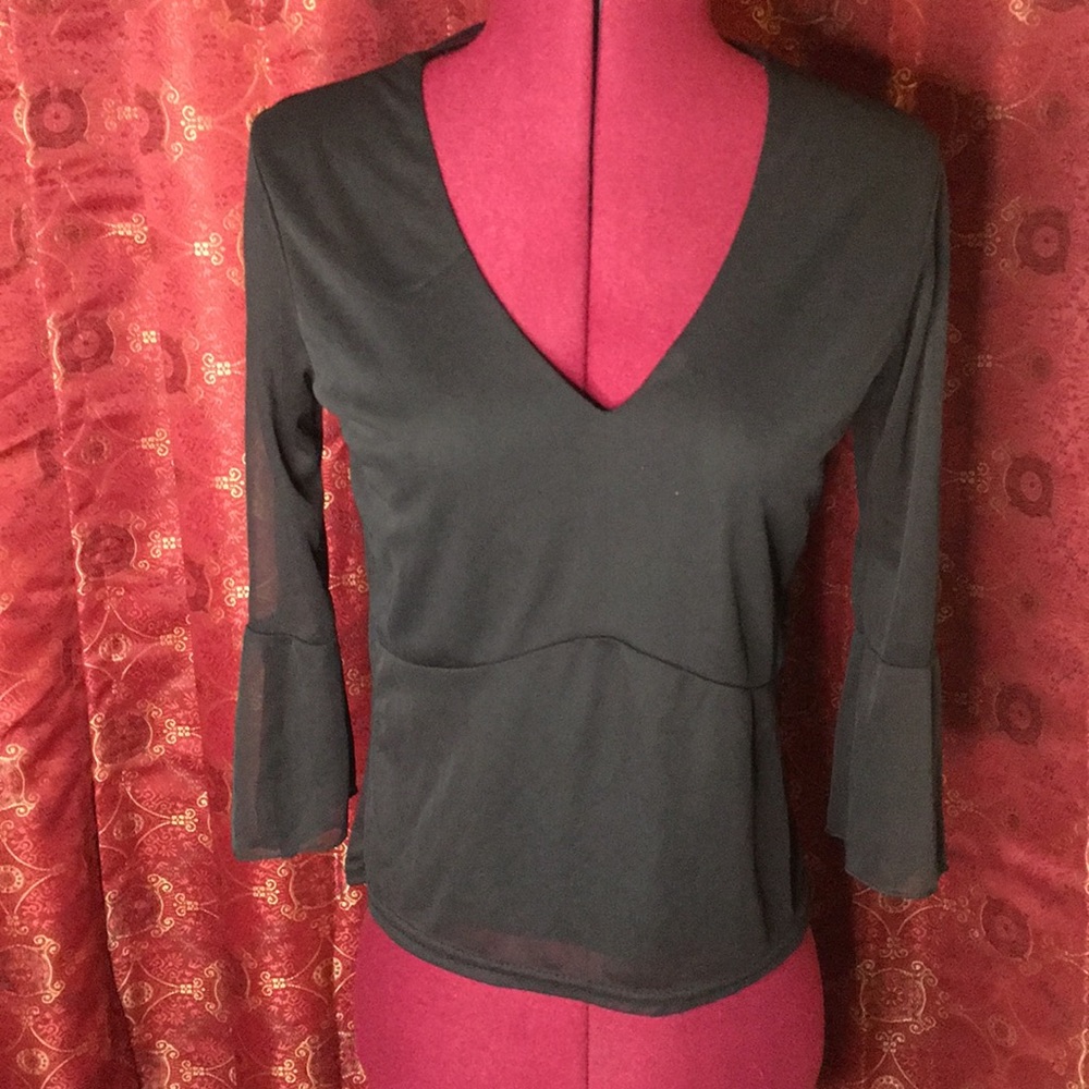 Black sheer bell sleeve blouse